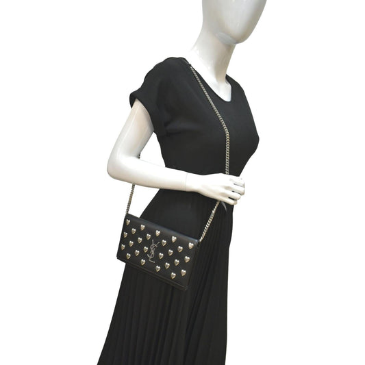 SAINT LAURENT Kate Heart Studded Leather Shoulder Bag Black