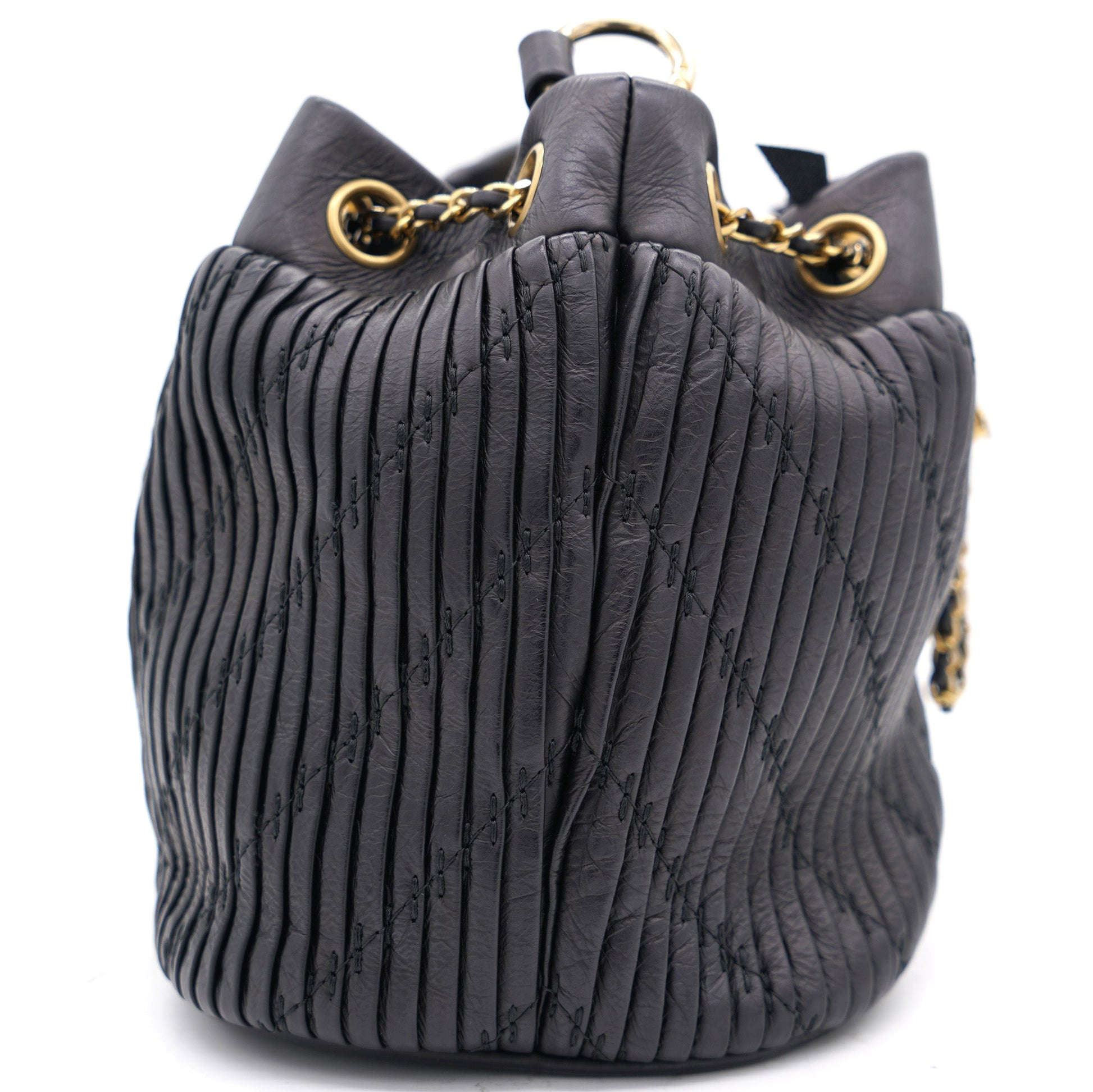 Chanel Black Pleated Leather CC Drawstring Bucket Bag