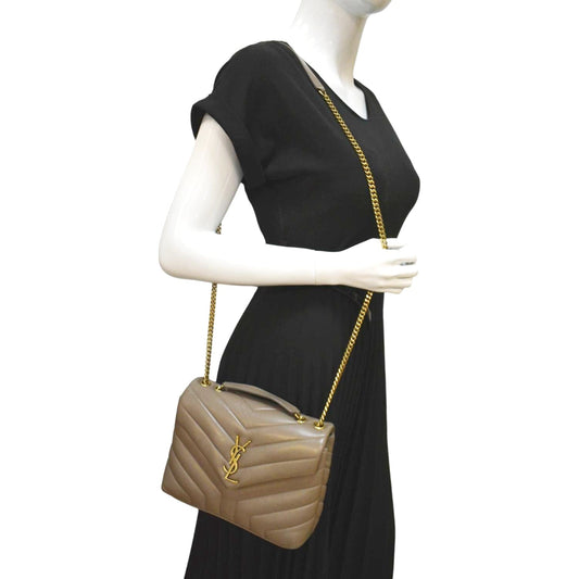 SAINT LAURENT Small Loulou Quilted Leather Crossbody Bag Dark Beige