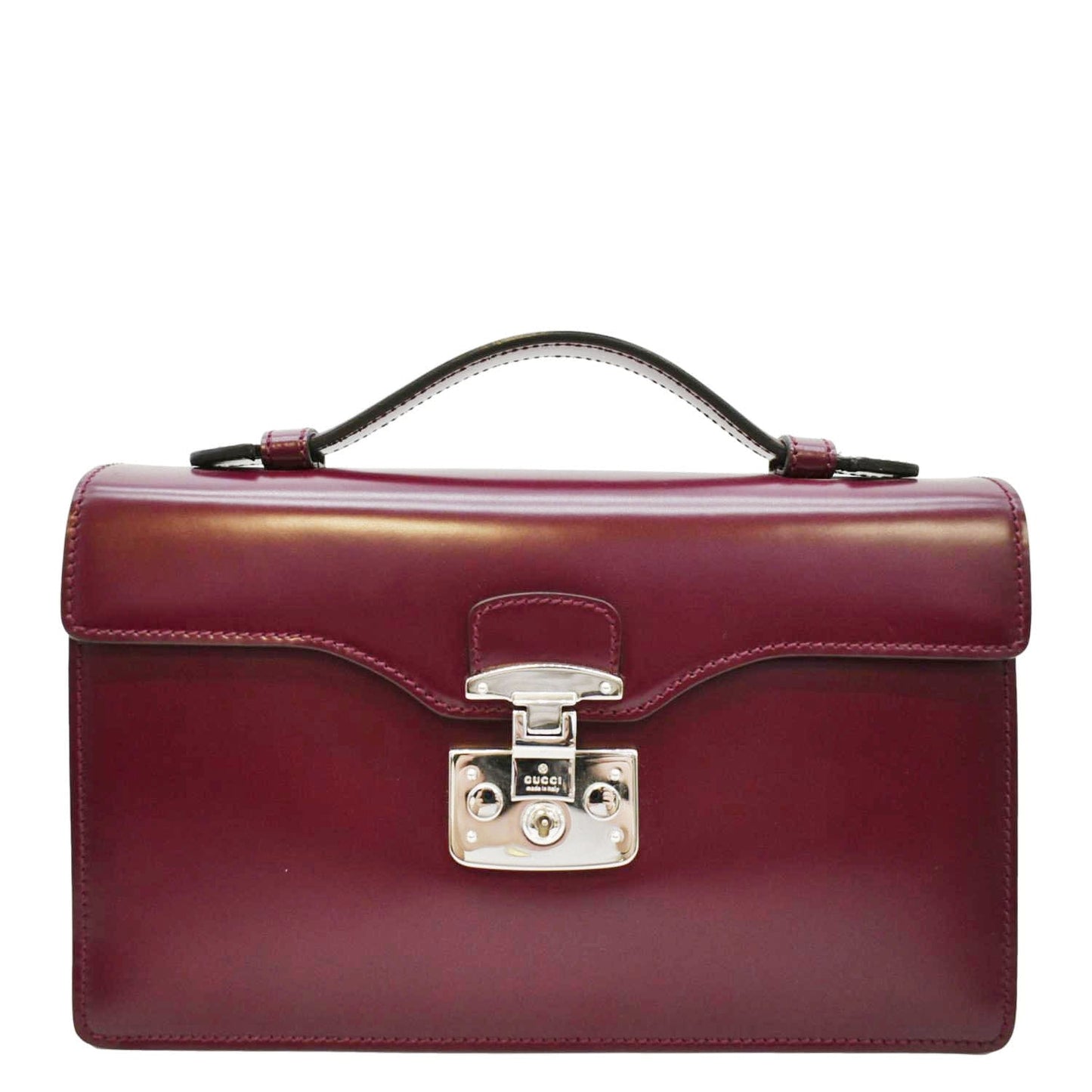GUCCI Lock Leather Top Handle Satchel Bag Purple Wine 331823