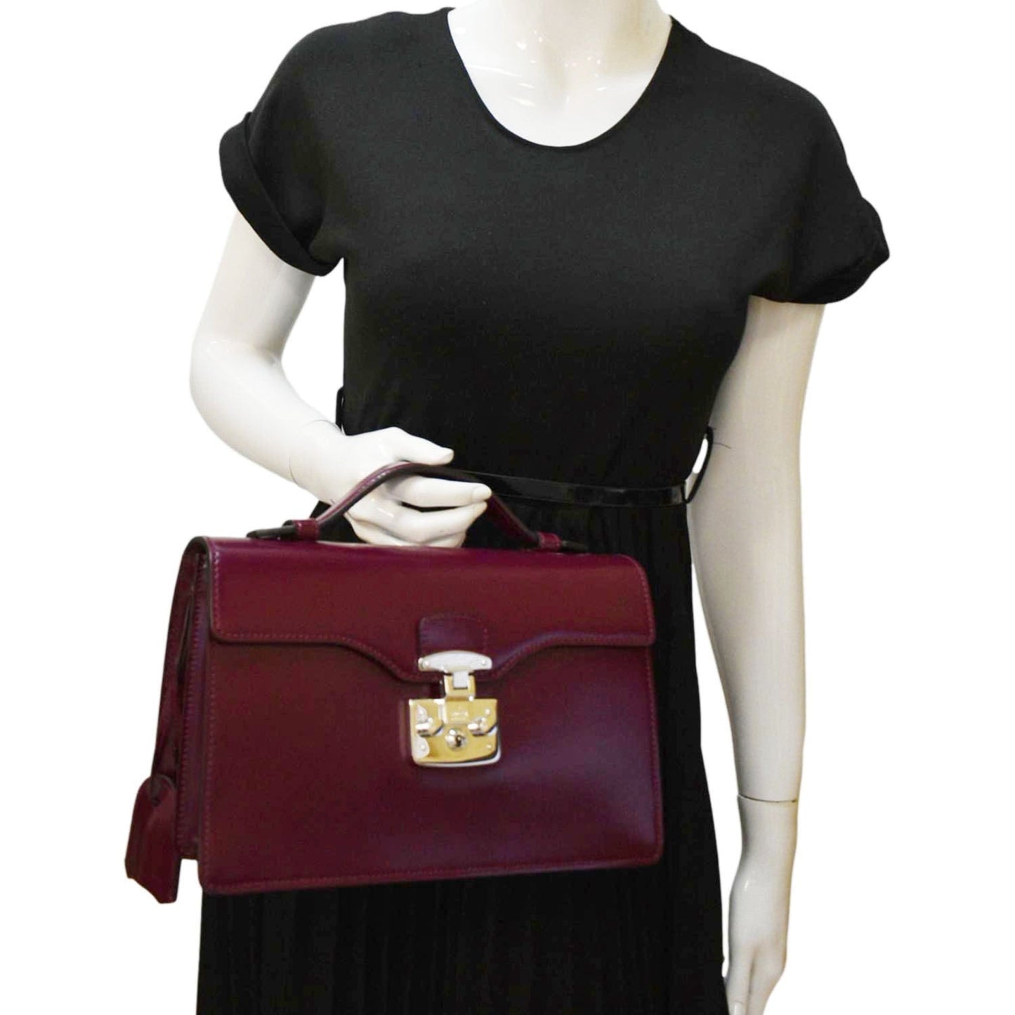 GUCCI Lock Leather Top Handle Satchel Bag Purple Wine 331823