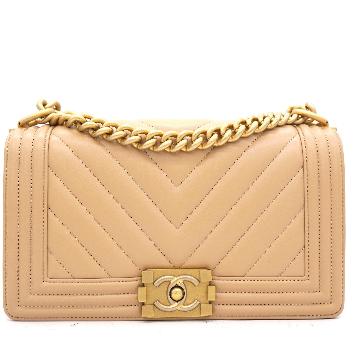 Chanel Beige Chevron Leather Medium Boy Flap Bag