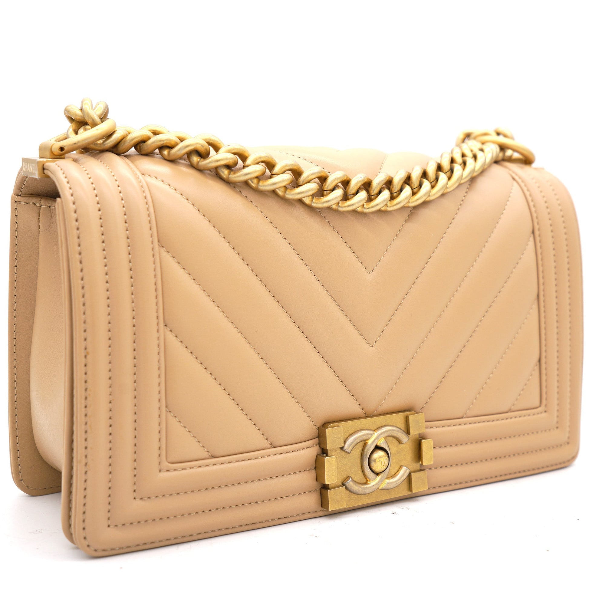 Chanel Beige Chevron Leather Medium Boy Flap Bag