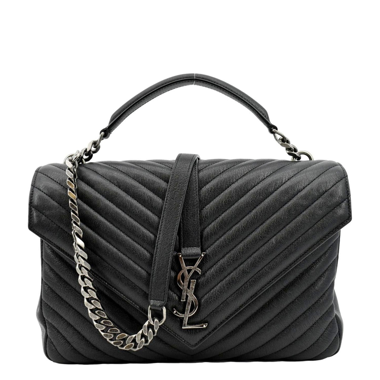 SAINT LAURENT College Large Lambskin Leather Shoulder Chain Bag Black