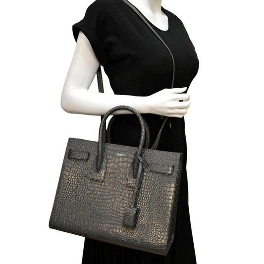 SAINT LAURENT Sac de Jour Crocodile-Embossed Satchel Bag Grey