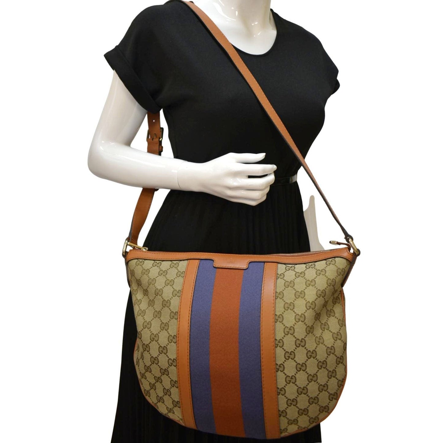 GUCCI Half Moon Web GG Canvas Shoulder Bag Beige 257082