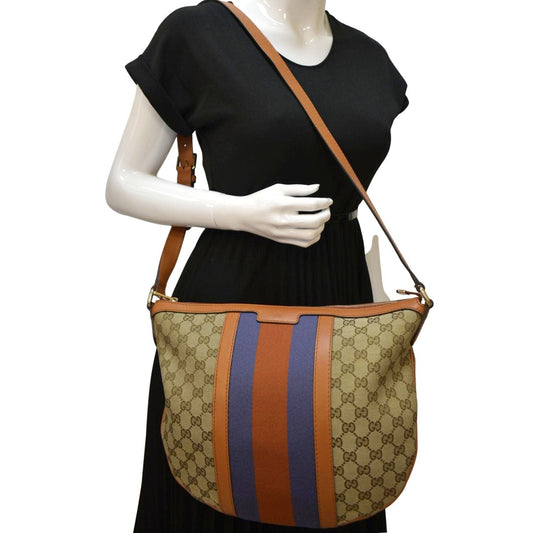 GUCCI Half Moon Web GG Canvas Shoulder Bag Beige 257082