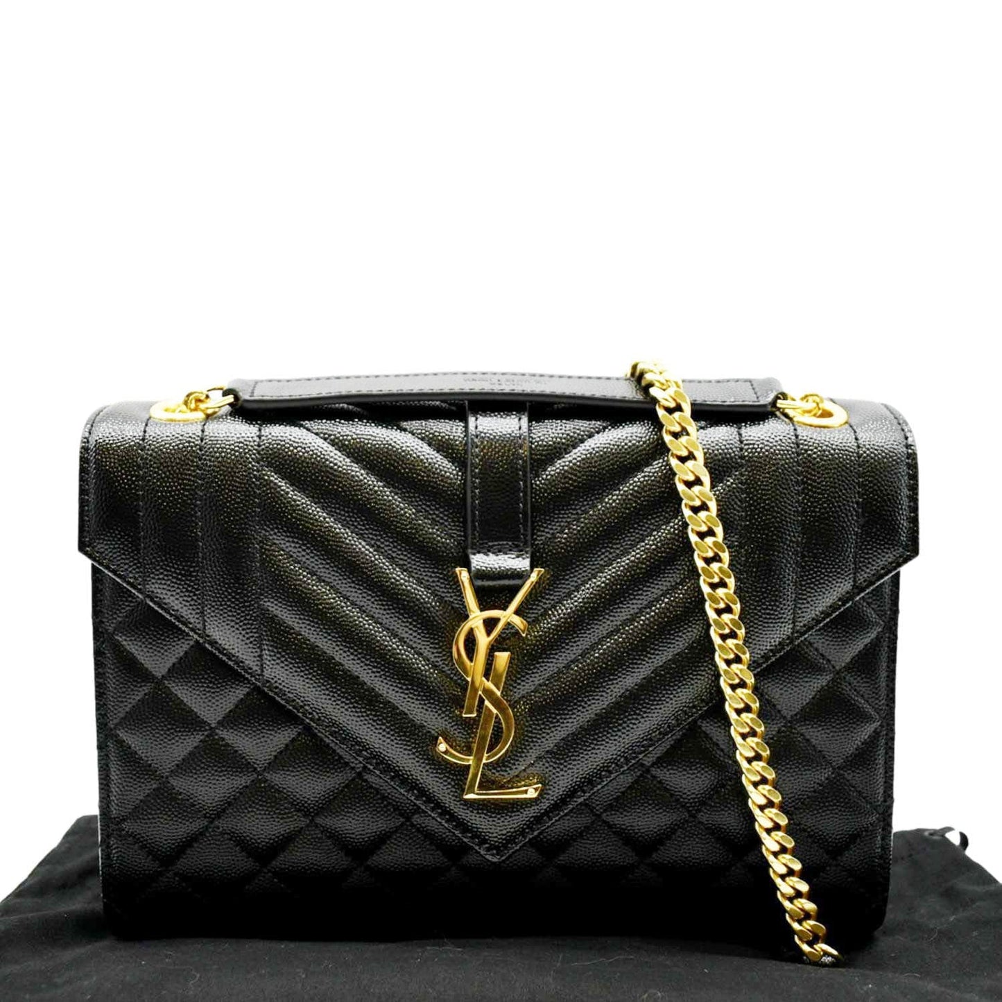 SAINT LAURENT Medium Envelope Leather Chain Shoulder Bag Black