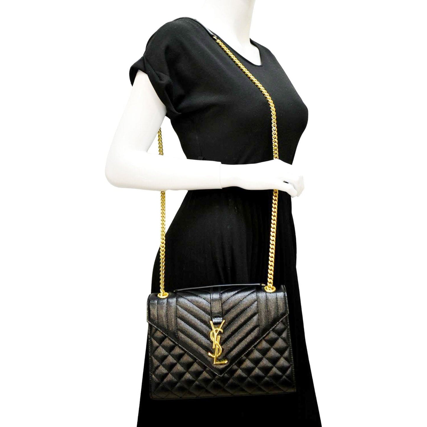 SAINT LAURENT Medium Envelope Leather Chain Shoulder Bag Black