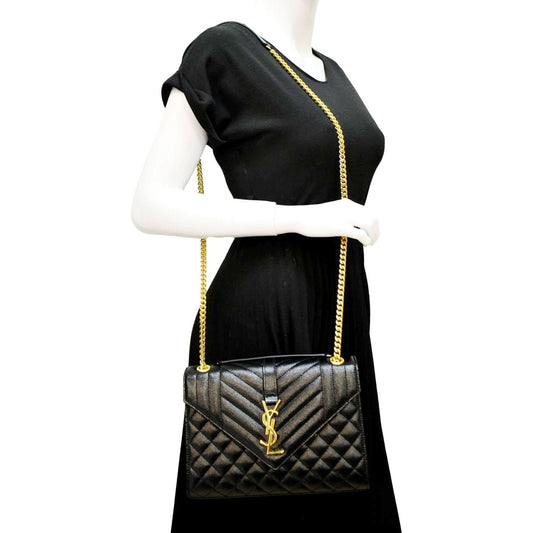 SAINT LAURENT Medium Envelope Leather Chain Shoulder Bag Black