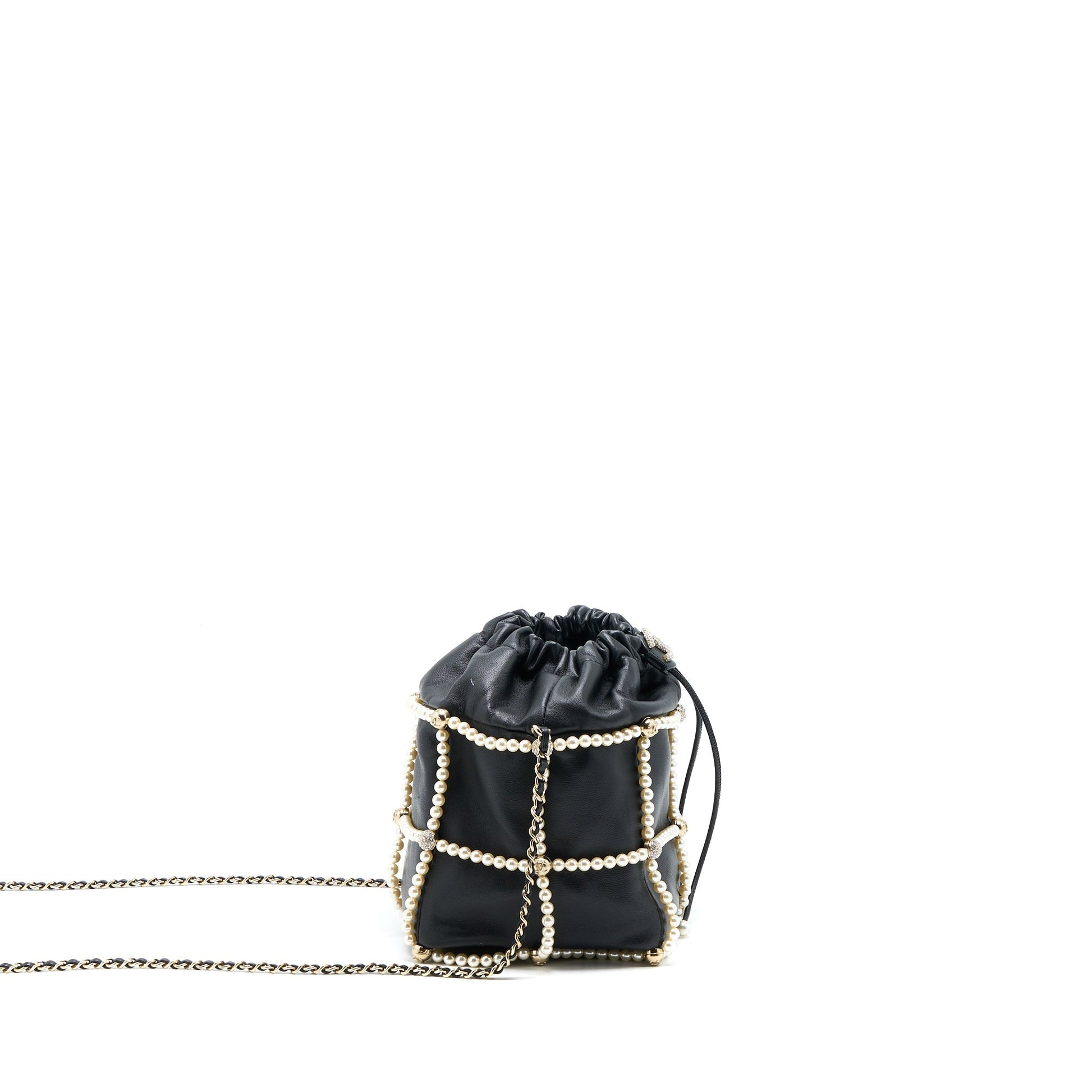 Chanel Bucket Crystal CC Logo Pearl Chain Bag Lambskin Black SHW