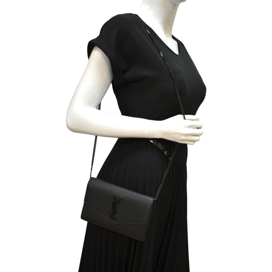 SAINT LAURENT Flap Chain Grain De Poudre Leather Crossbody Bag Black