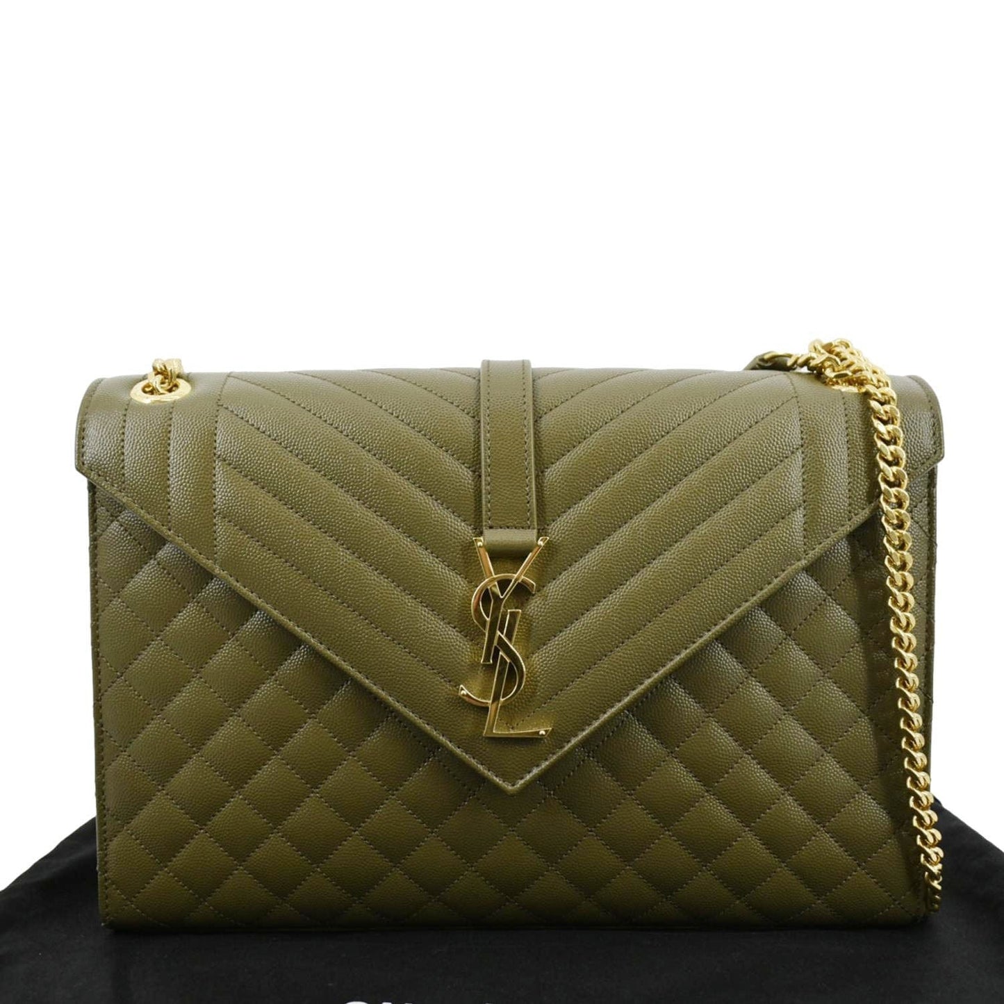 SAINT LAURENT Large Envelope Flap Matelasse Leather Shoulder Bag Khaki Green