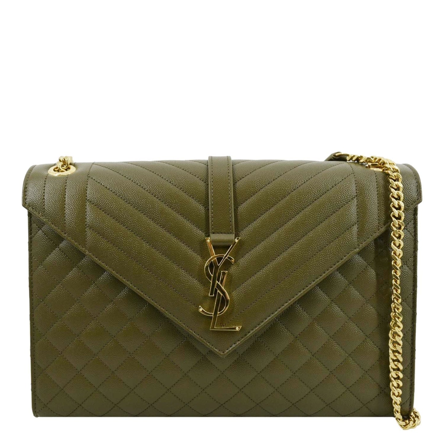 SAINT LAURENT Large Envelope Flap Matelasse Leather Shoulder Bag Khaki Green