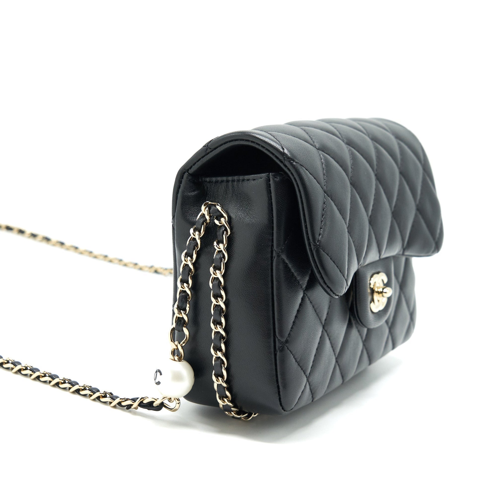 Chanel Pearl Chain Flap Bag Quilted Grained Lambskin Black L