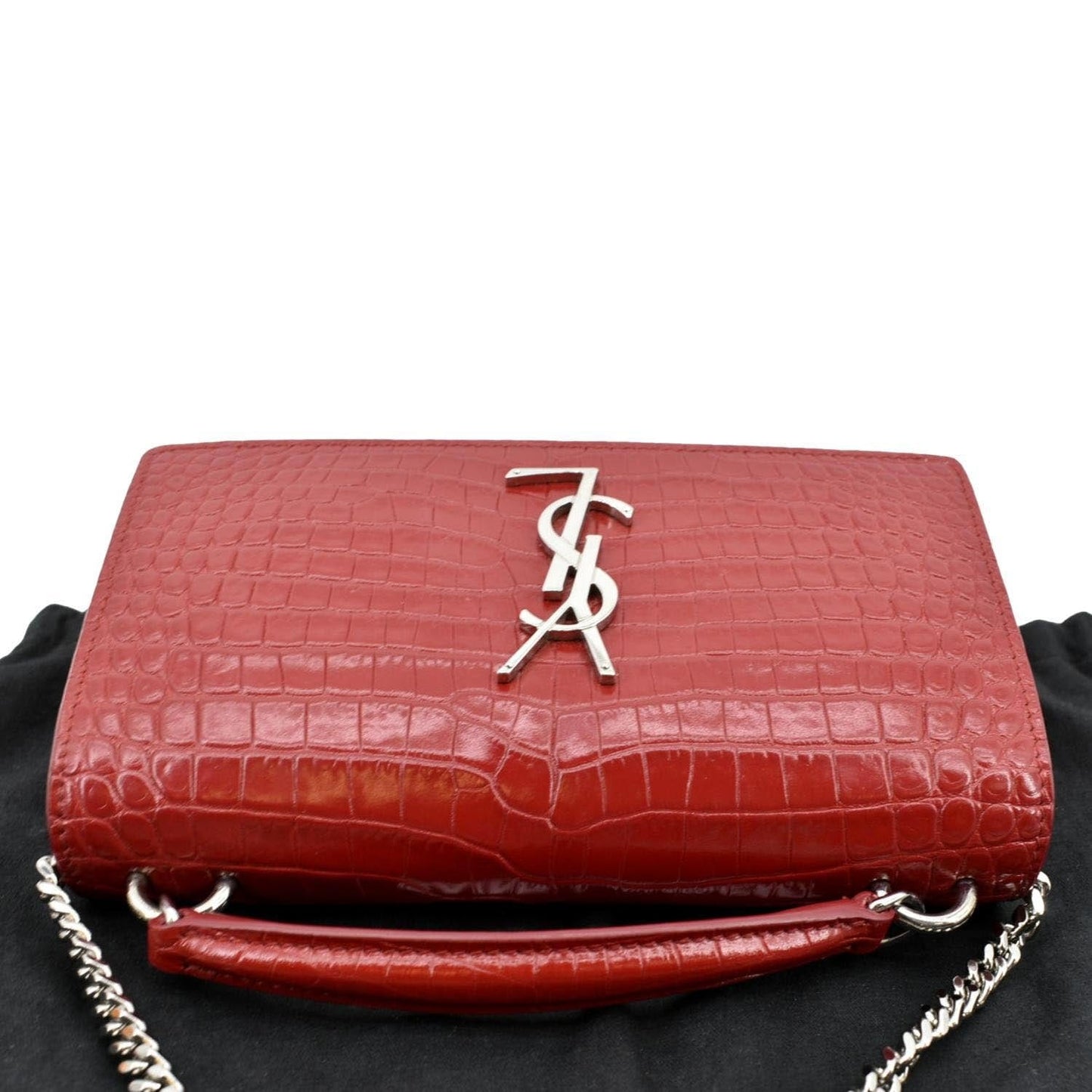 SAINT LAURENT Sunset Crocodile Embossed Leather Crossbody Bag Red