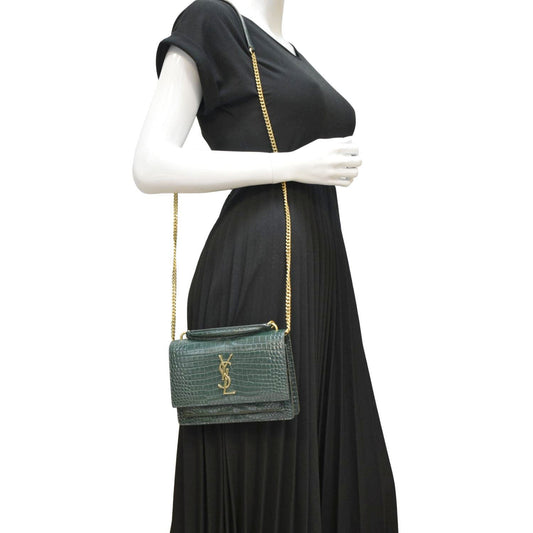 SAINT LAURENT Sunset Crocodile Embossed Leather Crossbody Bag Green