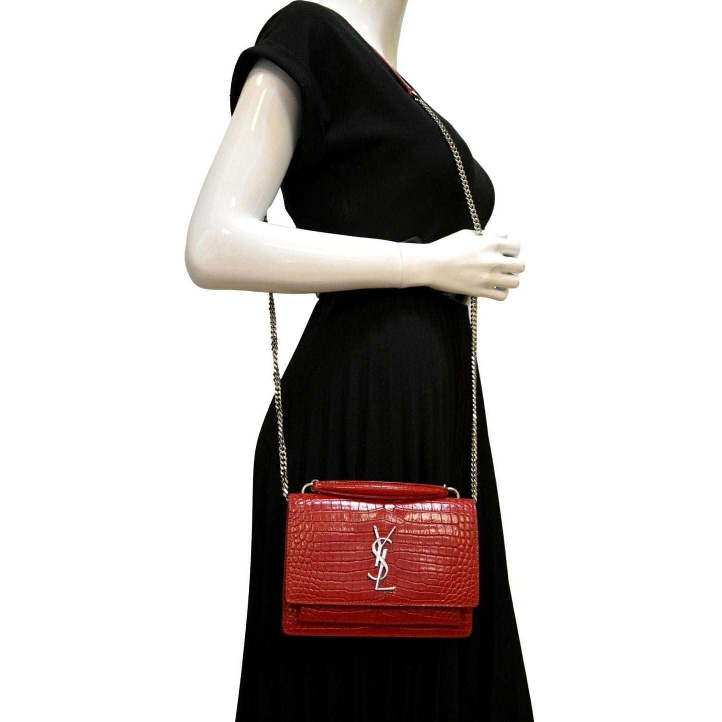 SAINT LAURENT Sunset Crocodile Embossed Leather Crossbody Bag Red