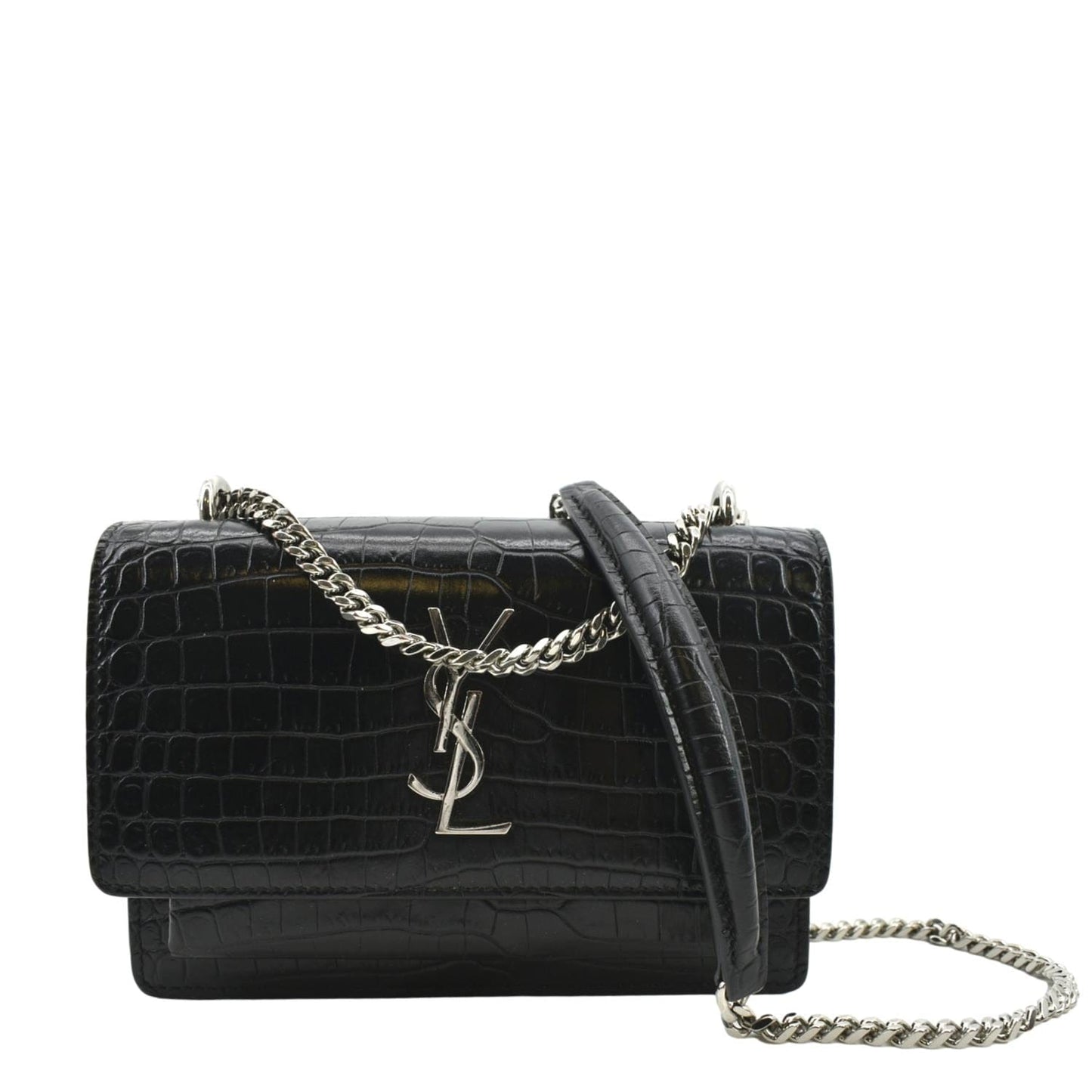 SAINT LAURENT Sunset Crocodile Leather Crossbody Bag Black