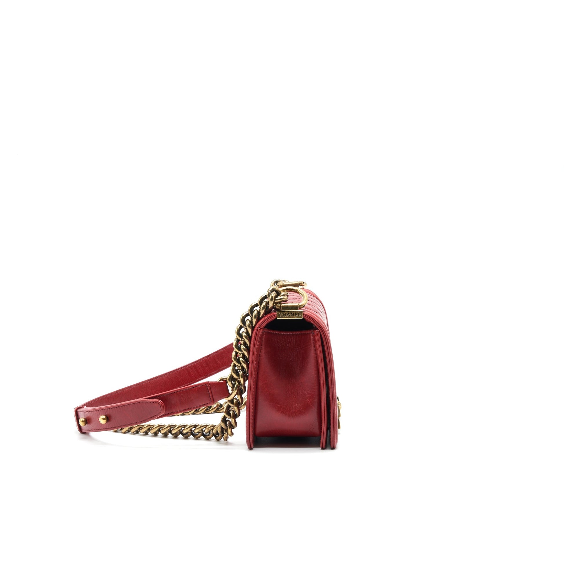 CHANEL GLAZED CALFSKIN SMALL LE BOY BAG IN RED