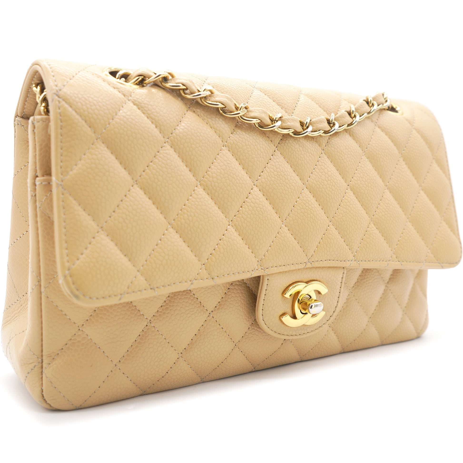 Chanel Beige Quilted Caviar Leather Classic Double Flap Bag