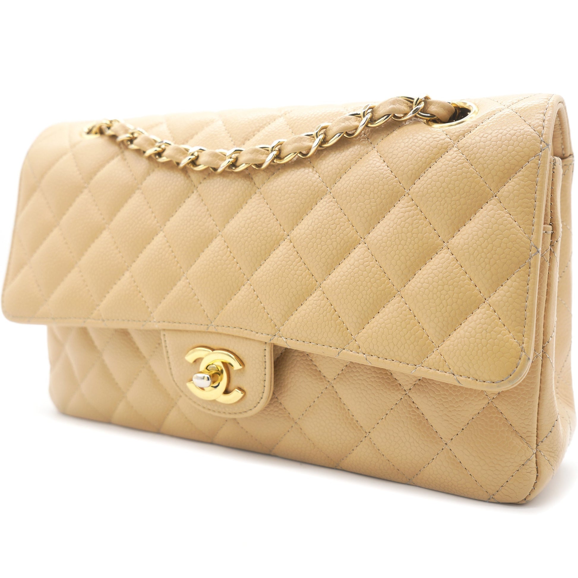Chanel Beige Quilted Caviar Leather Classic Double Flap Bag