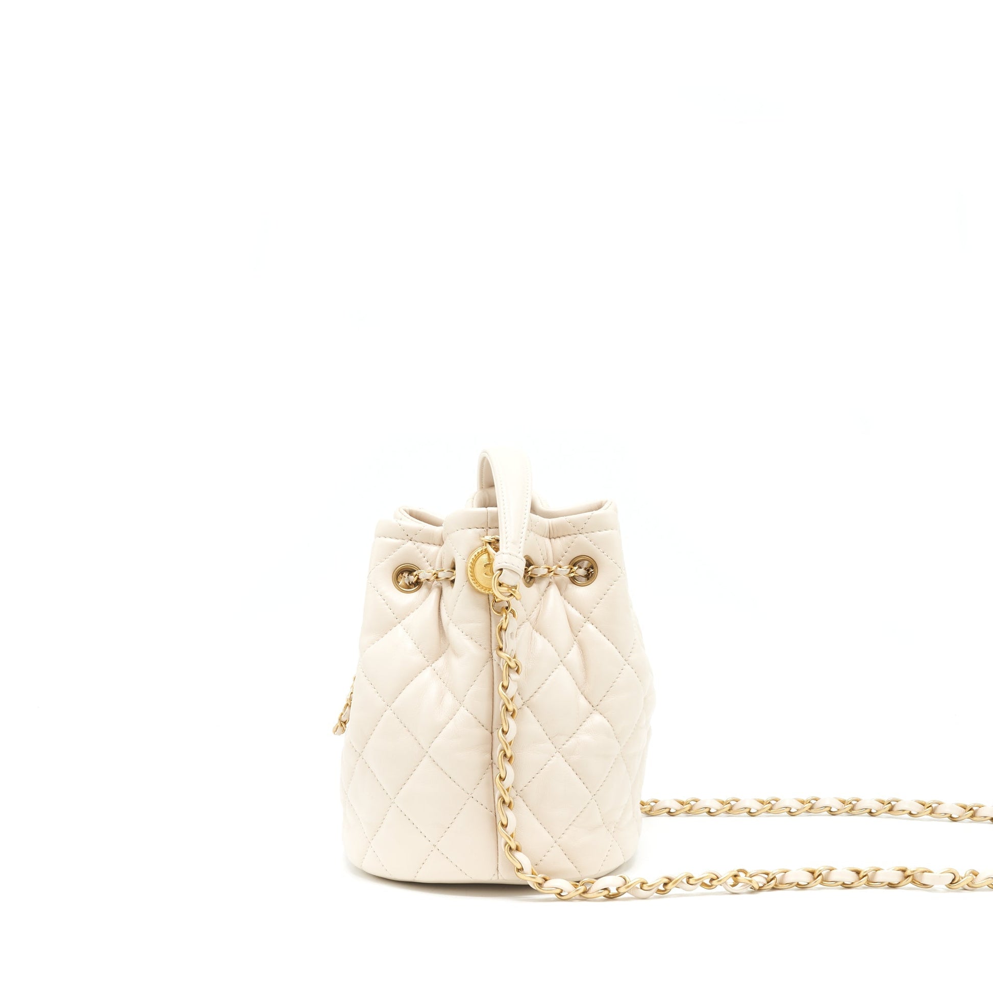 Chanel Button Bucket Crossbody Bag Lambskin White GHW
