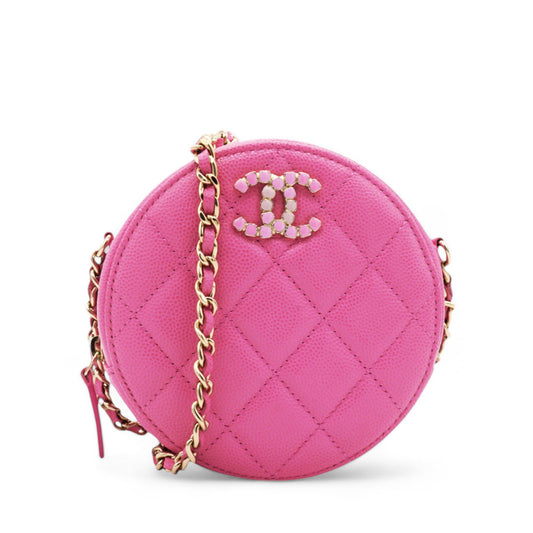 Chanel Caviar Quilted Crystal CC Round Clutch With Chain Pink