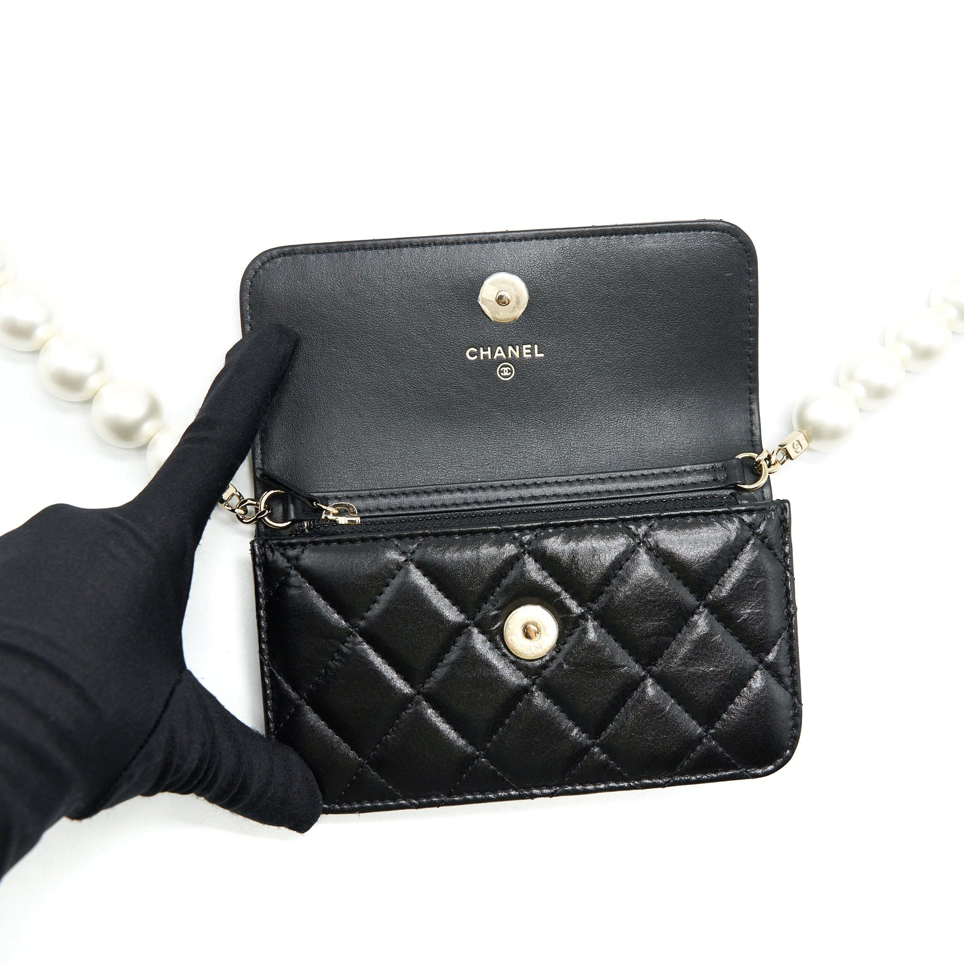 Chanel Giant Pearl Clutch with Chain Calfskin Black L
