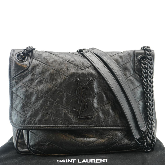 SAINT LAURENT Niki Baby Crinkle Leather Shoulder Bag Black