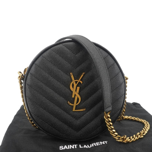 SAINT LAURENT Round Chevron Leather Camera Crossbody Bag Black