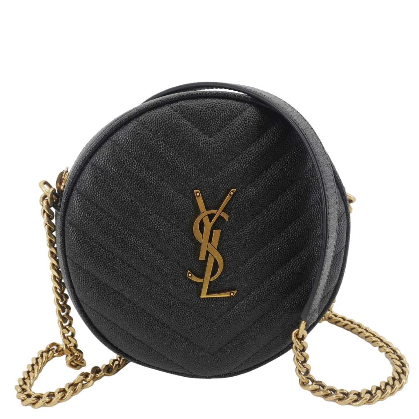 SAINT LAURENT Round Chevron Leather Camera Crossbody Bag Black