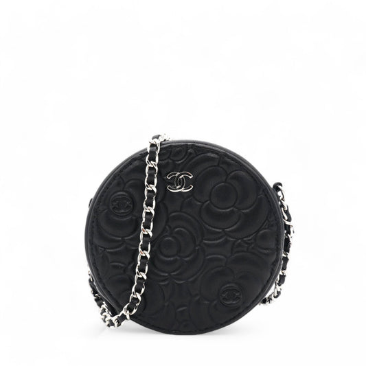 Chanel Caviar Camellia Embossed Round Clutch With Chain Black