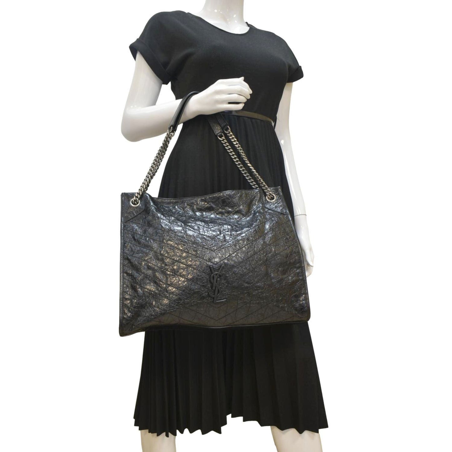 SAINT LAURENT Niki Large Crinkle Leather Shopper Tote Bag Black