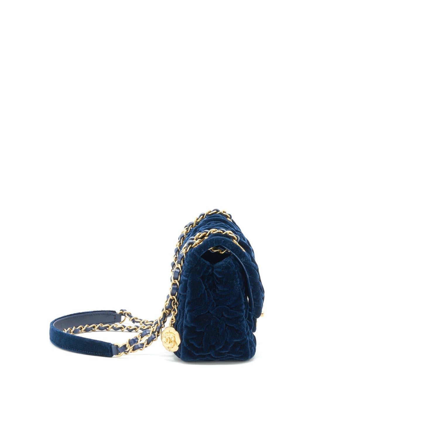 Chanel Velvet Camellia Embossed Mini Square Flap Bag Navy