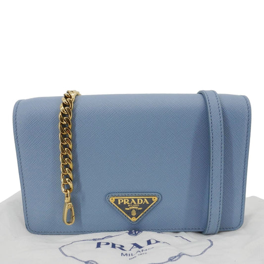 PRADA Bandoliera Flip Lock Saffiano Leather Chain Crossbody Bag Blue