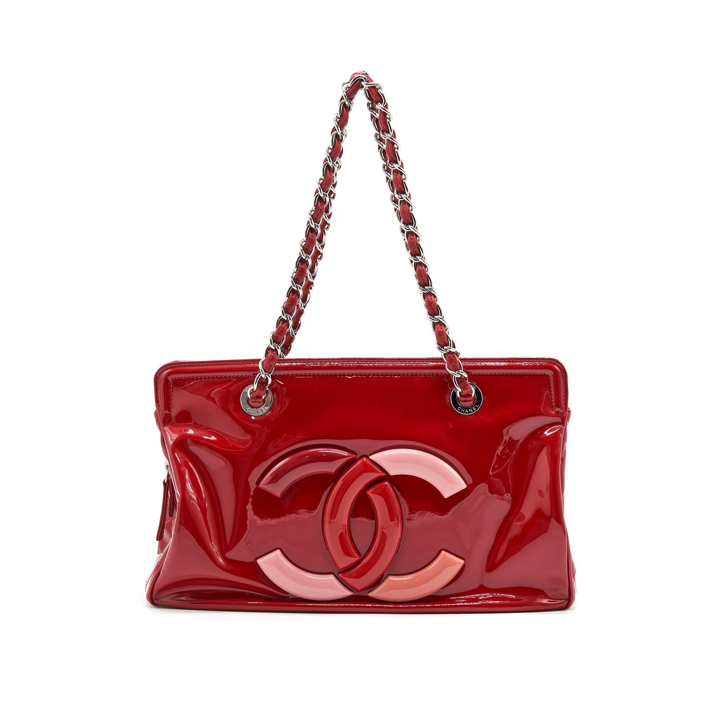 Chanel Patent Leather Tote Bag With Chain In Red