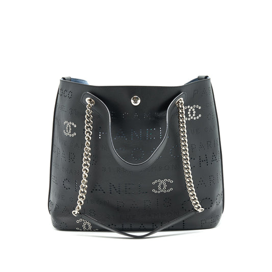 Chanel Eyelet Logo Calfskin Tote Bag Black/ Blue