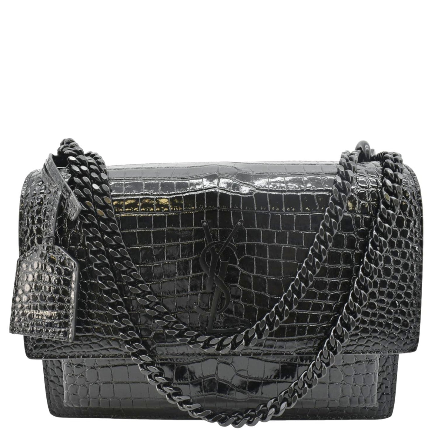 SAINT LAURENT Sunset Crocodile Leather Crossbody Bag Black