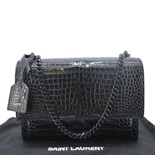 SAINT LAURENT Sunset Crocodile Leather Crossbody Bag Black