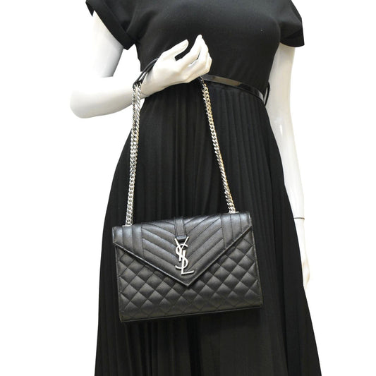 SAINT LAURENT Envelope Mix MatelassÃÂ© Chain Leather Shoulder Bag Black