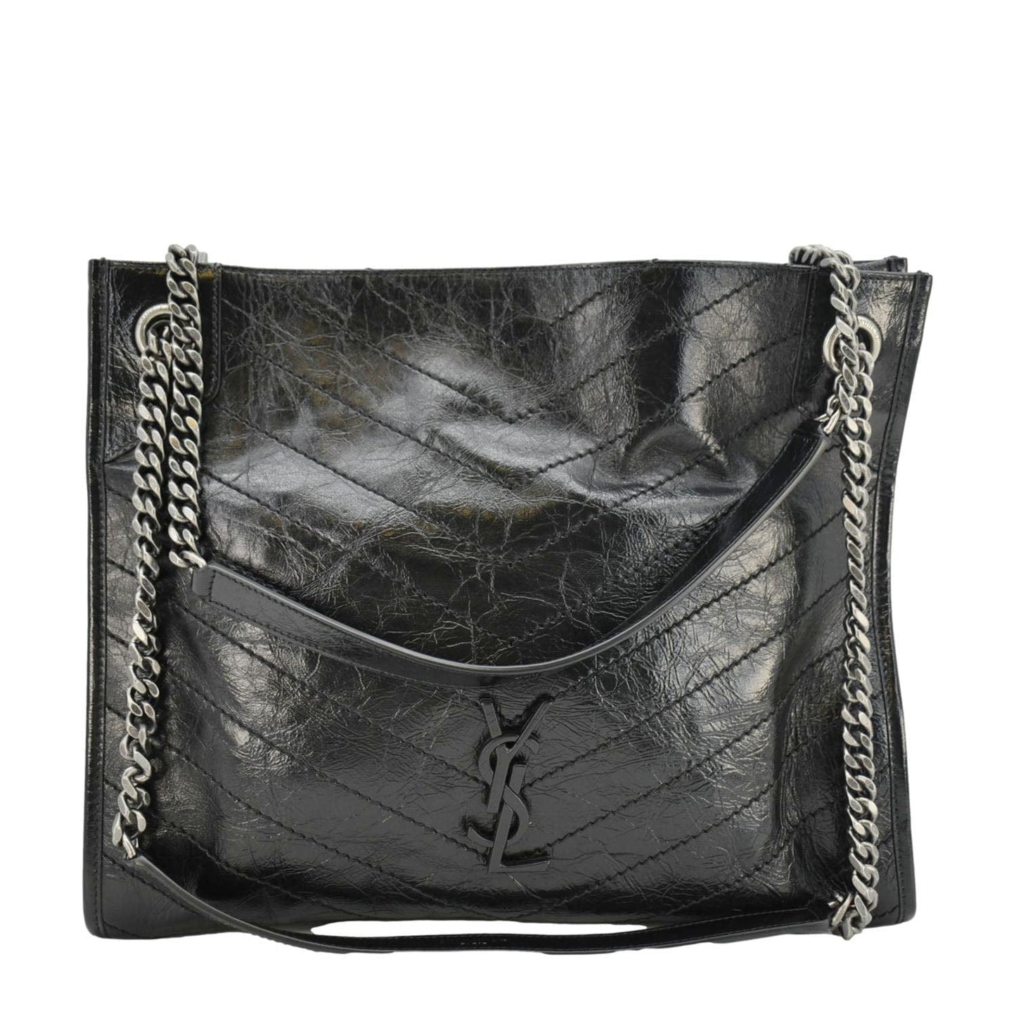 SAINT LAURENT Niki Crinkle Leather Shopper Tote Bag Black