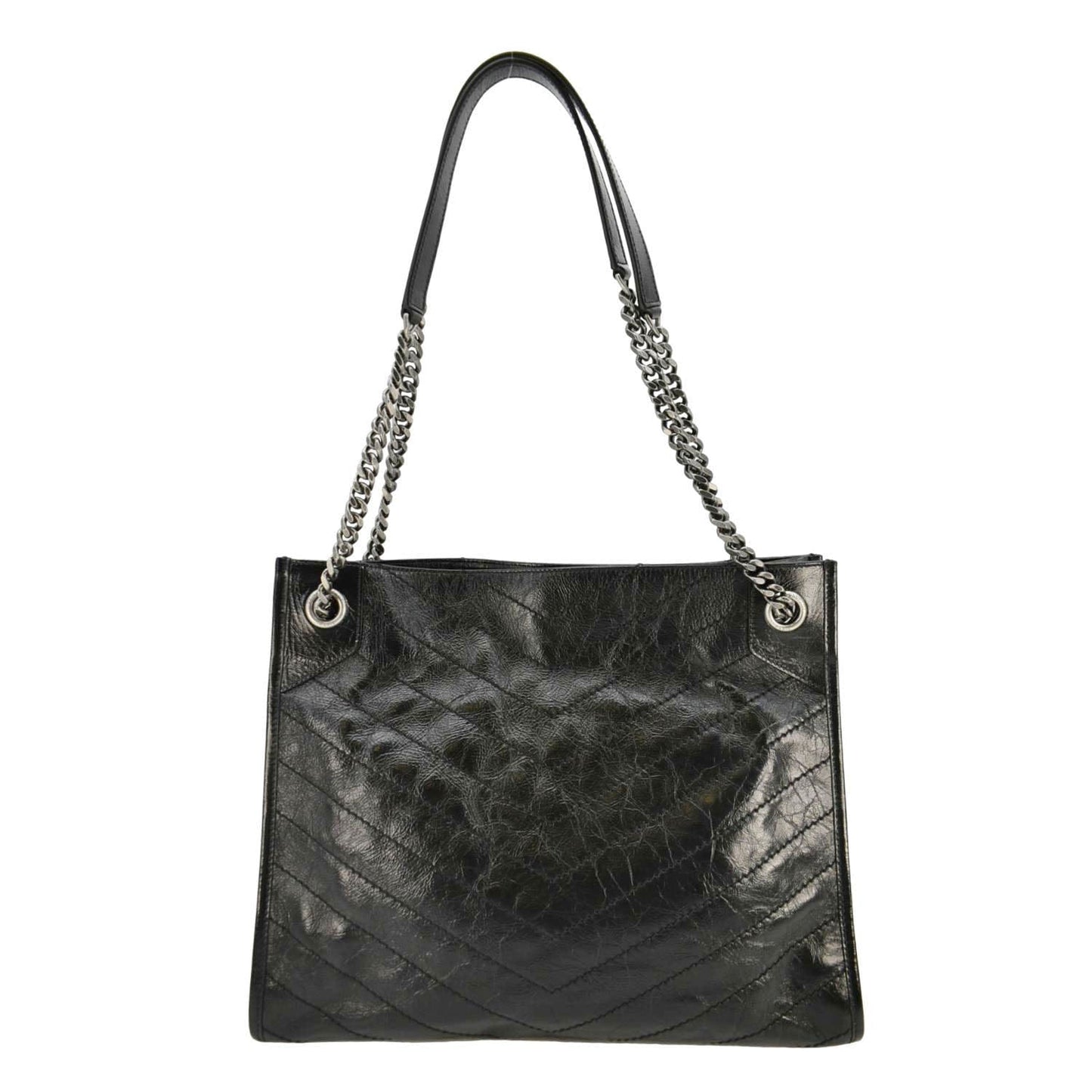 SAINT LAURENT Niki Crinkle Leather Shopper Tote Bag Black