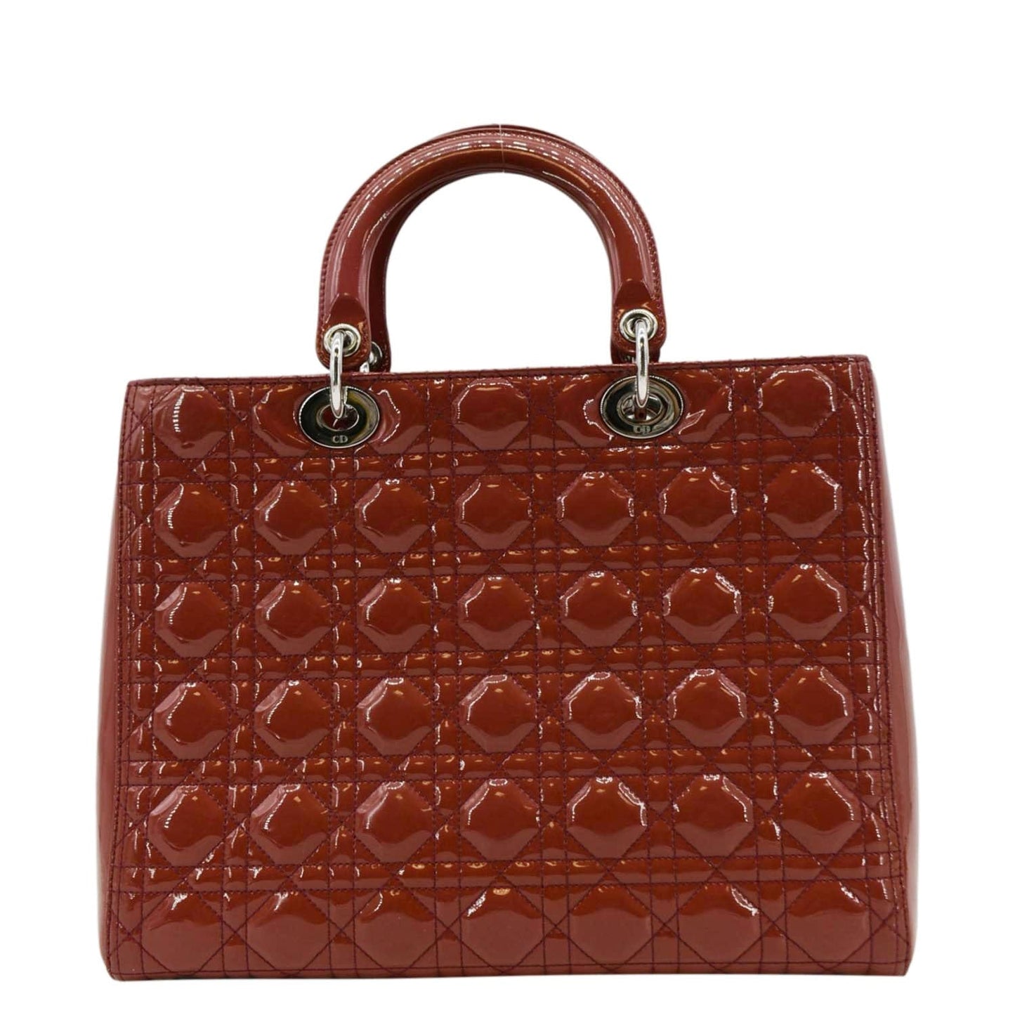 CHRISTIAN DIOR Lady Dior Large Quilted Patent Leather Shoulder Bag Reddish Orange