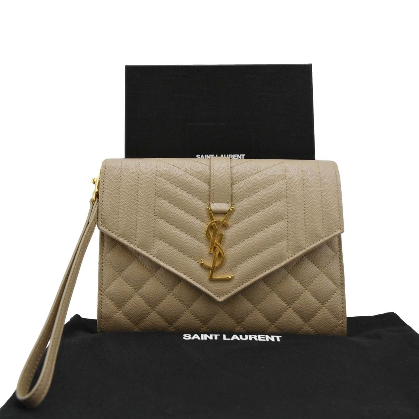 SAINT LAURENT Envelope Flap Matelasse Leather Shoulder Bag Beige