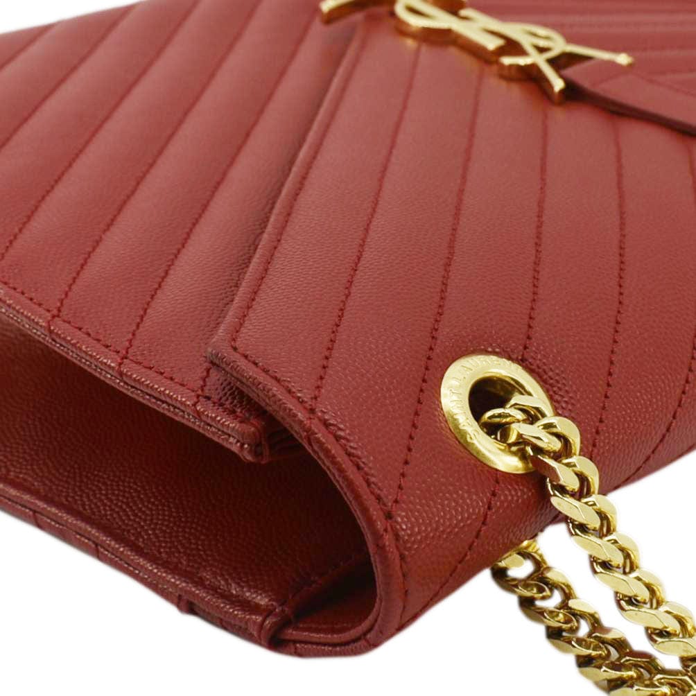 SAINT LAURENT Large Envelope Chevron Quilted Leather Chain Shoulder Bag Red
