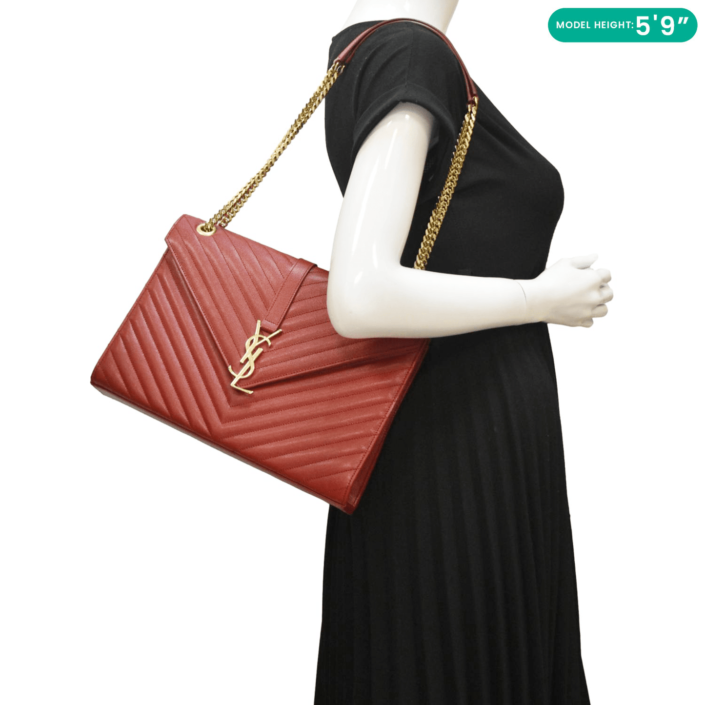 SAINT LAURENT Large Envelope Chevron Quilted Leather Chain Shoulder Bag Red