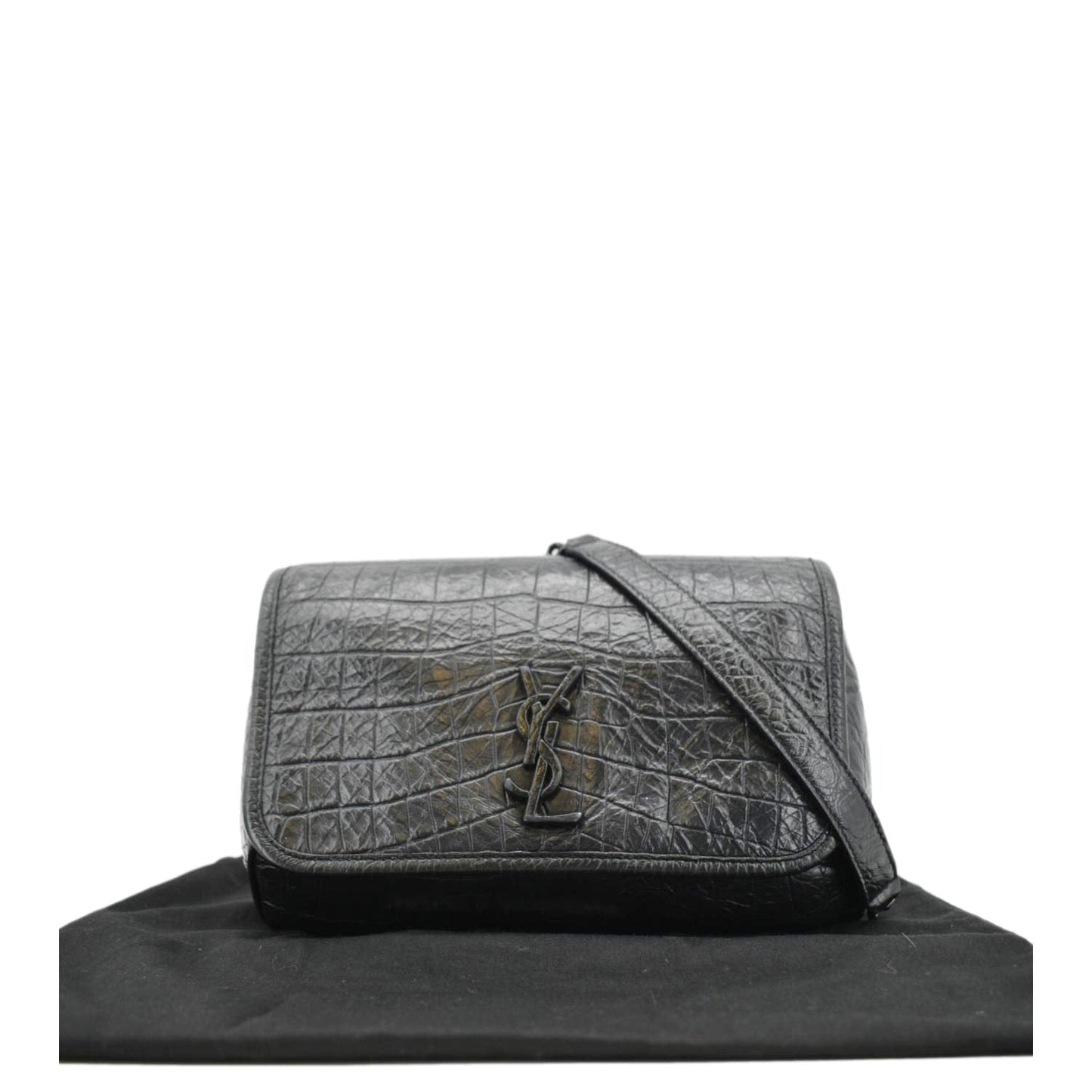 SAINT LAURENT Niki Baby Crocodile Leather Chain Shoulder Bag Black