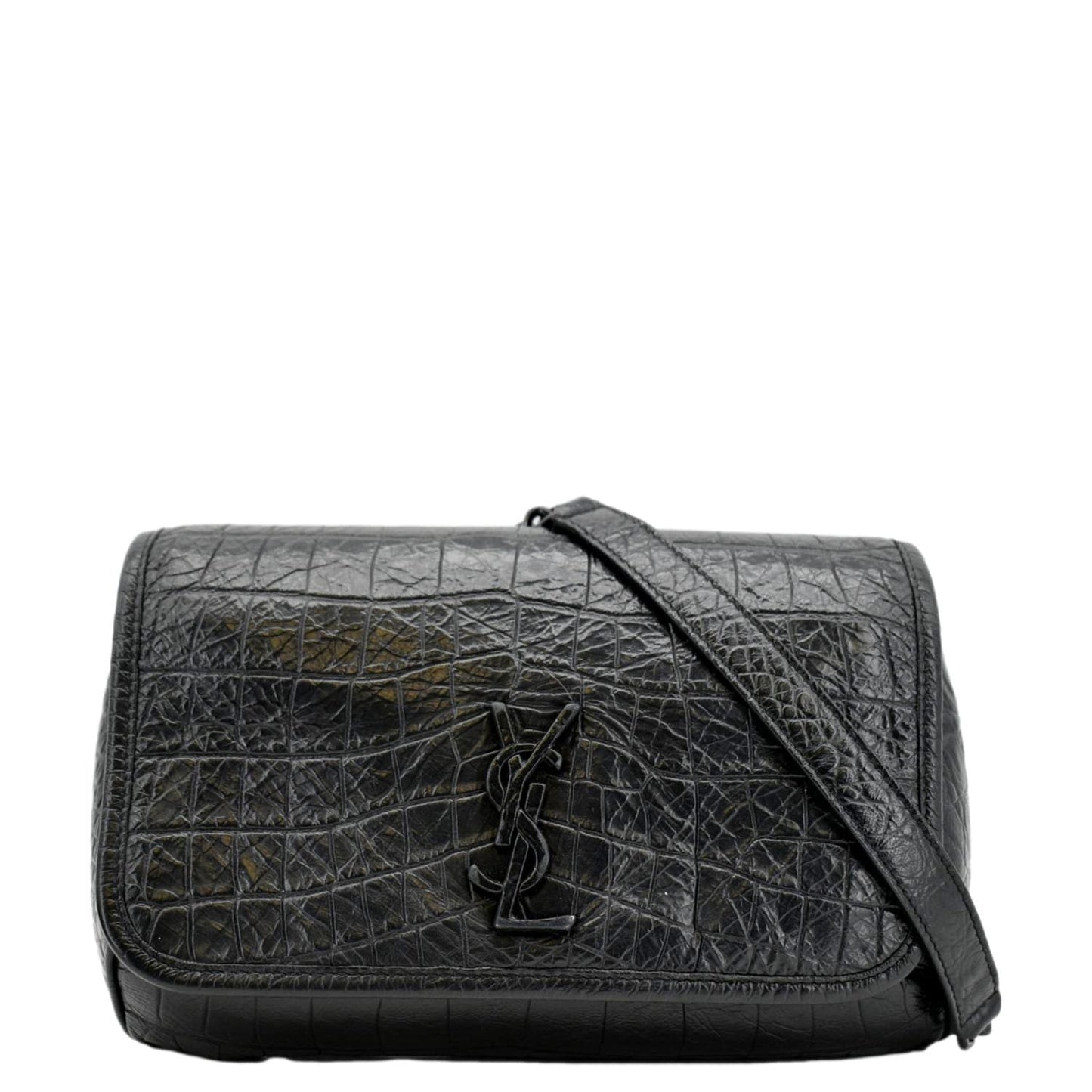 SAINT LAURENT Niki Baby Crocodile Leather Chain Shoulder Bag Black
