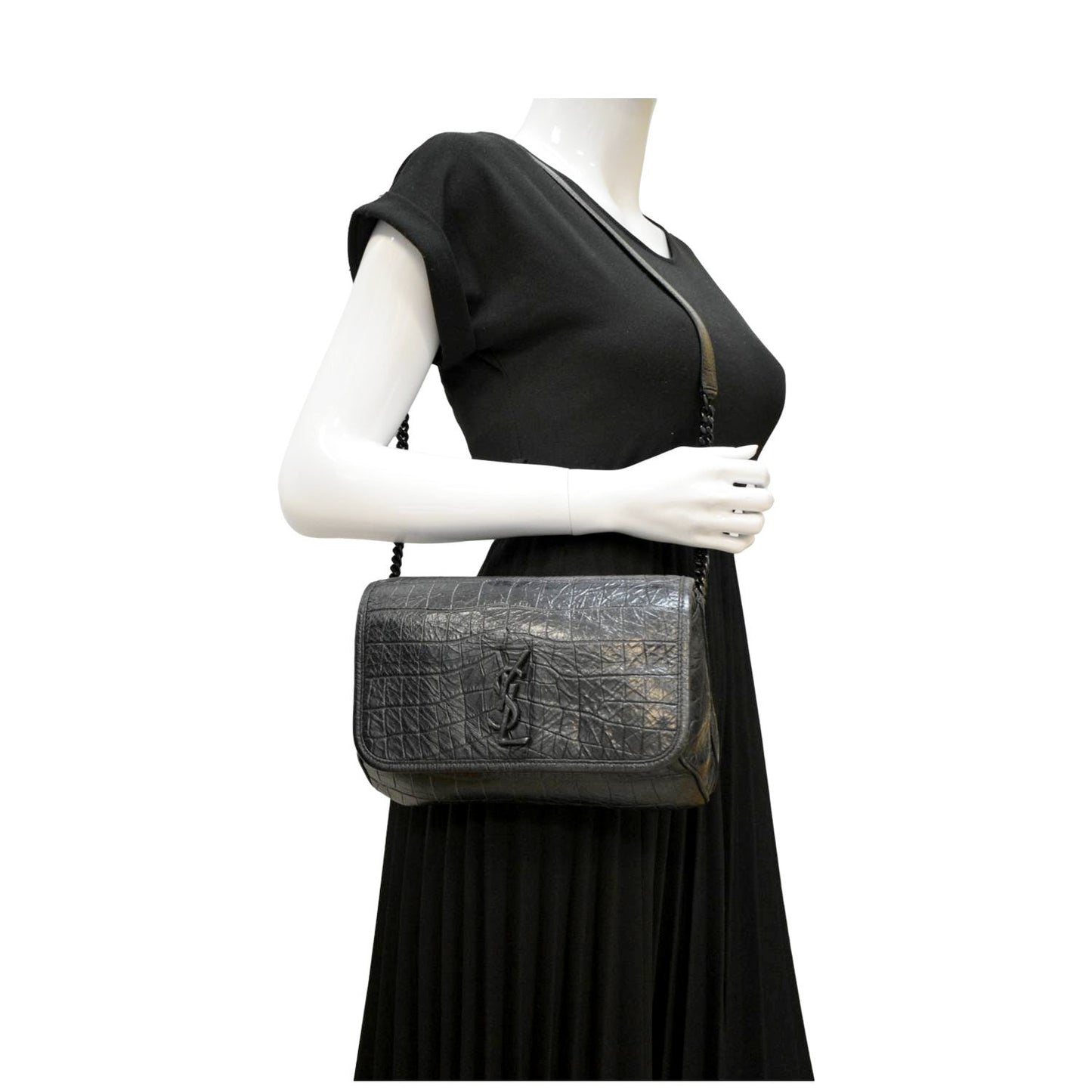 SAINT LAURENT Niki Baby Crocodile Leather Chain Shoulder Bag Black